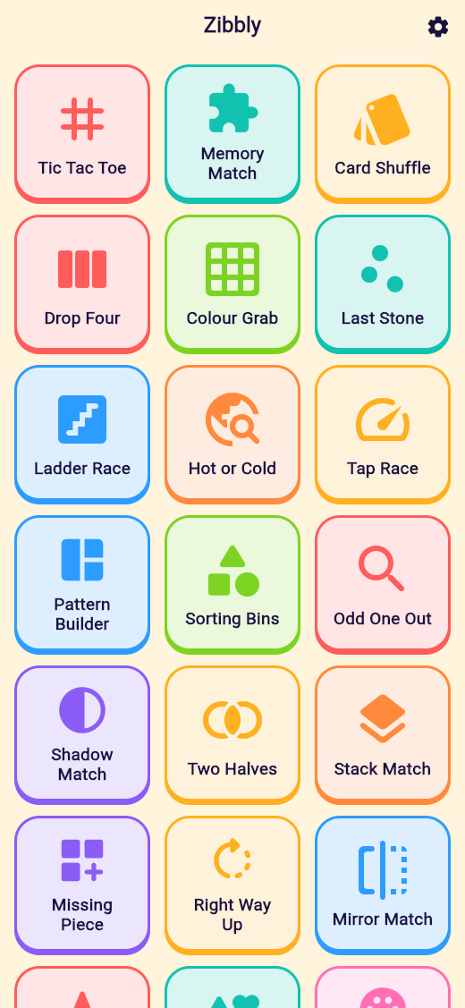 The Zibbly picker, showing rows of game tiles