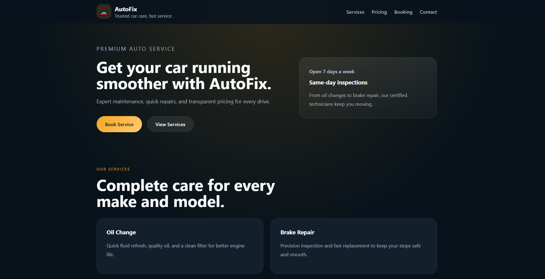 AutoFix Car Service Landing Page