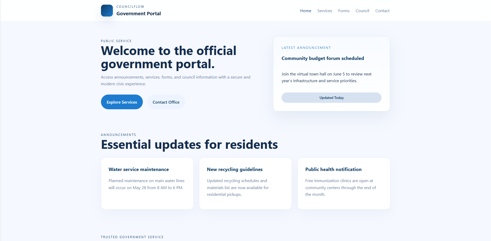 CouncilFlow - Government Portal Website Template